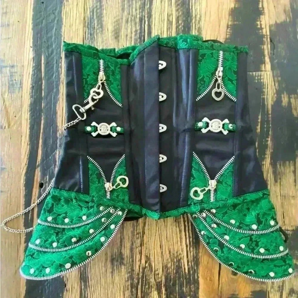 Vintage Goth Underbust Corset Black Emerald Green Pirate Baroque Size 24 (4-6) - Picture 1 of 13
